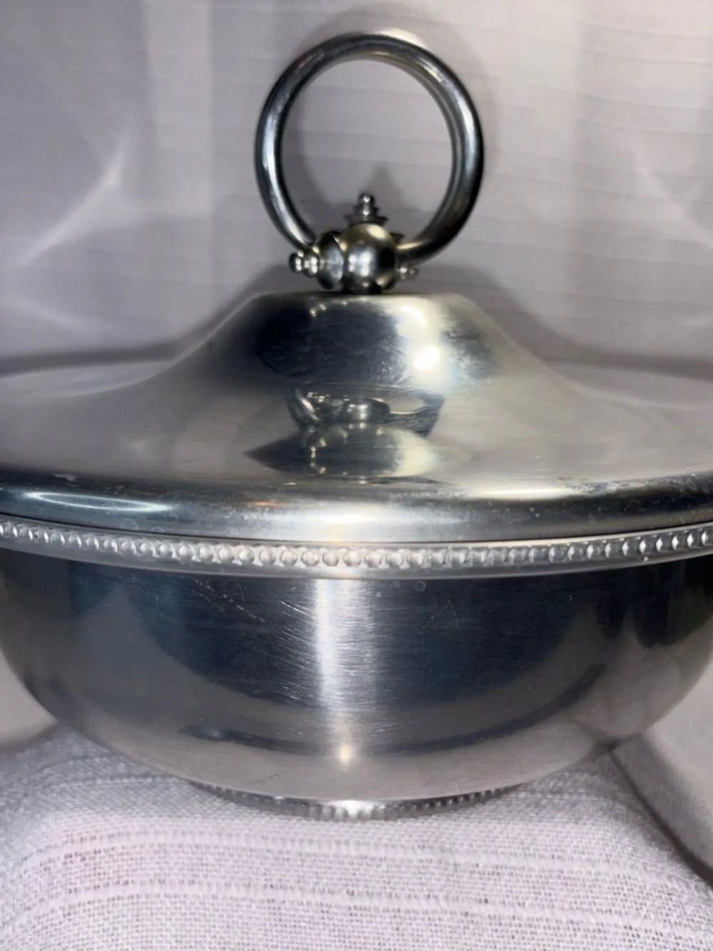 Buenilum Covered Serving Bowl Silver Beaded Ring Handle Vintage OS EUC